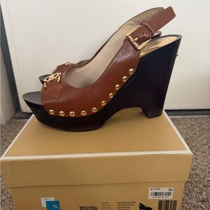 Michael Kors Tan and Gold Wedge Sandals